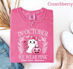 Comfort Colors®In October We Wear Pink Ghost Sweatshirt, Breast Cancer Awareness Tee, Halloween Ghost Tshirt, Cancer Pink Ribbon Shirt gift
