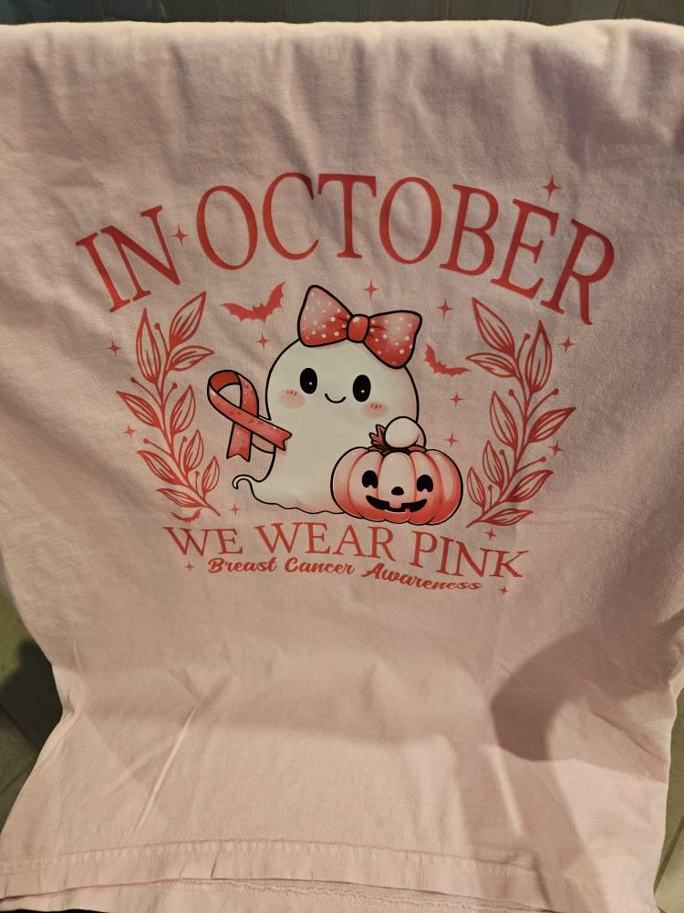 Comfort Colors®In October We Wear Pink Ghost Sweatshirt, Breast Cancer Awareness Tee, Halloween Ghost Tshirt, Cancer Pink Ribbon Shirt gift