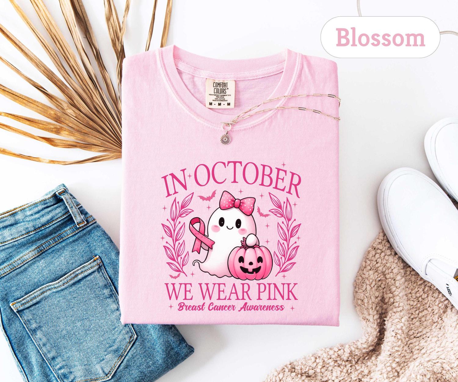 Comfort Colors®In October We Wear Pink Ghost Sweatshirt, Breast Cancer Awareness Tee, Halloween Ghost Tshirt, Cancer Pink Ribbon Shirt gift
