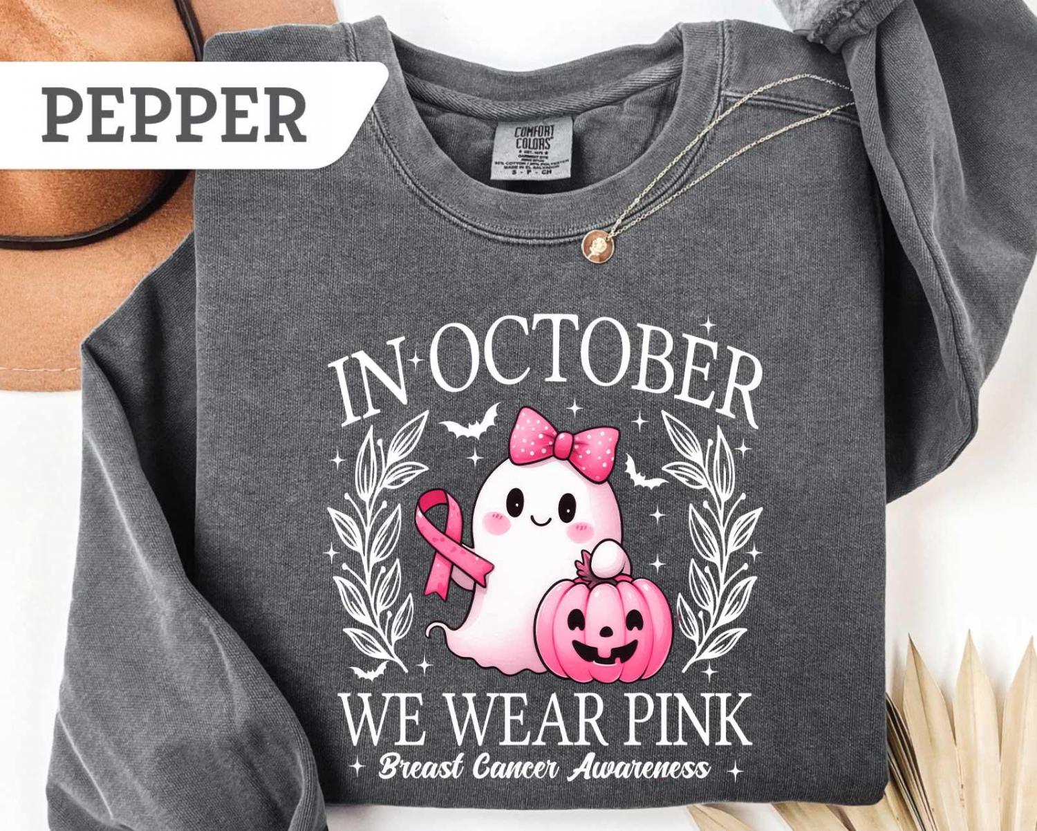 Comfort Colors®In October We Wear Pink Ghost Sweatshirt, Breast Cancer Awareness Tee, Halloween Ghost Tshirt, Cancer Pink Ribbon Shirt gift