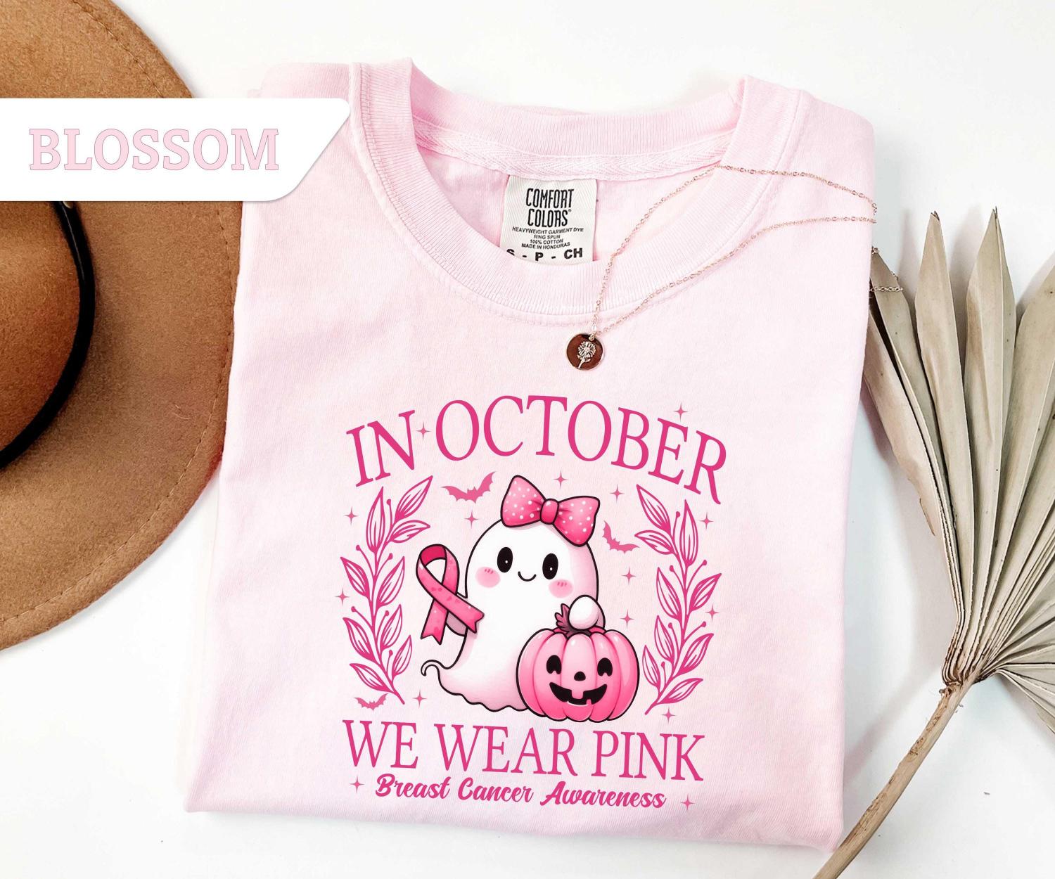 Comfort Colors®In October We Wear Pink Ghost Sweatshirt, Breast Cancer Awareness Tee, Halloween Ghost Tshirt, Cancer Pink Ribbon Shirt gift