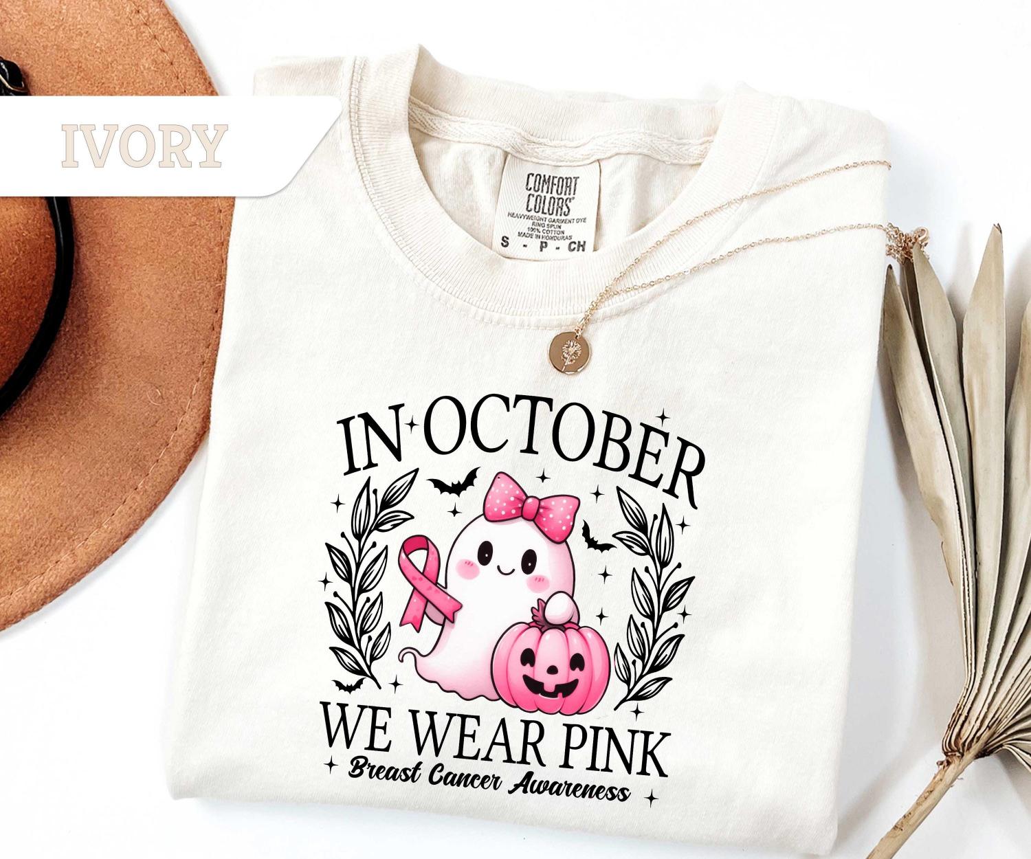 Comfort Colors®In October We Wear Pink Ghost Sweatshirt, Breast Cancer Awareness Tee, Halloween Ghost Tshirt, Cancer Pink Ribbon Shirt gift
