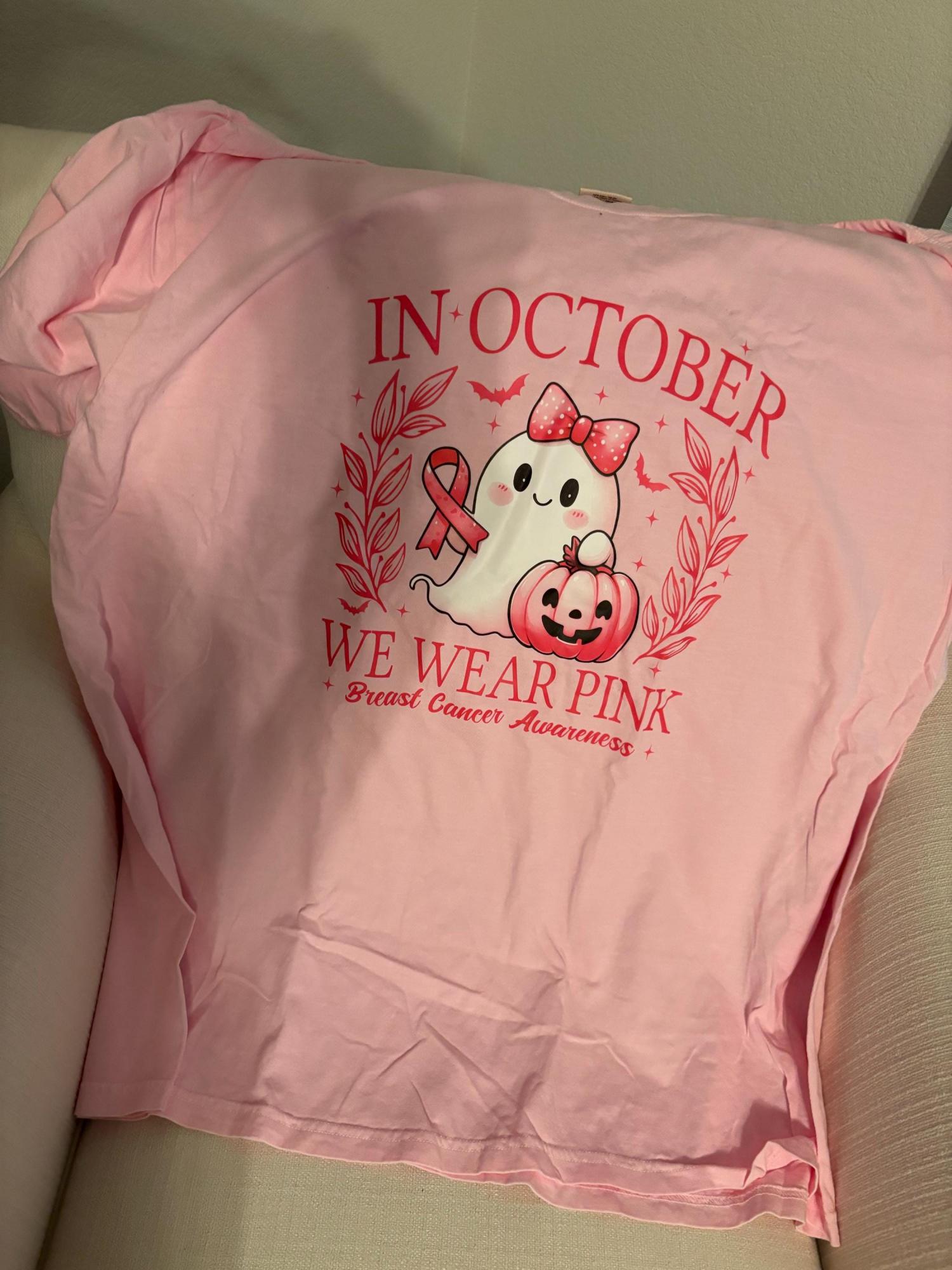 Comfort Colors®In October We Wear Pink Ghost Sweatshirt, Breast Cancer Awareness Tee, Halloween Ghost Tshirt, Cancer Pink Ribbon Shirt gift