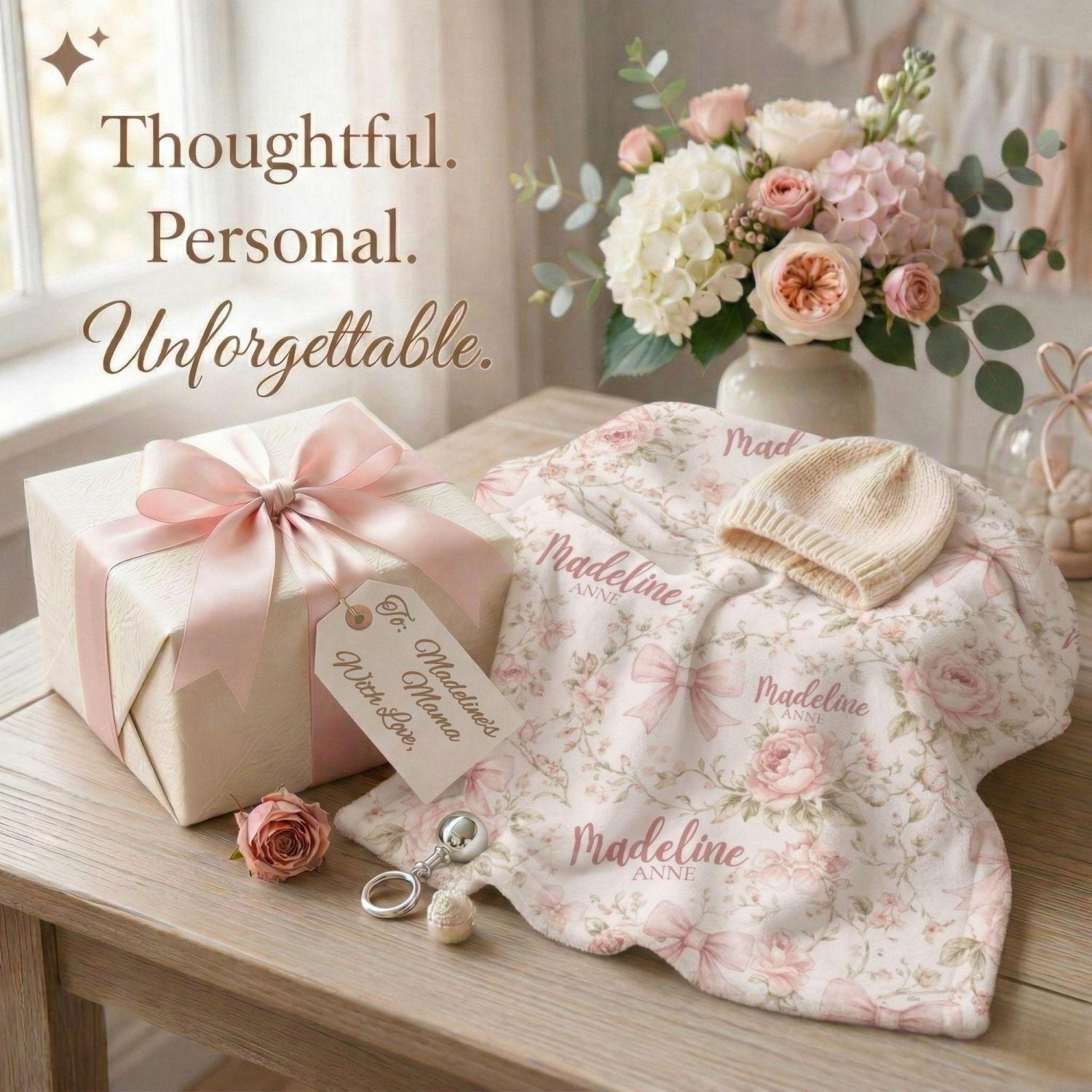 Pink Coquette Bow Floral Toile Baby Blanket Personalized Newborn Name Wrap Baby Girl Rose Wildflower Nursery Heirloom Baby Shower Gift