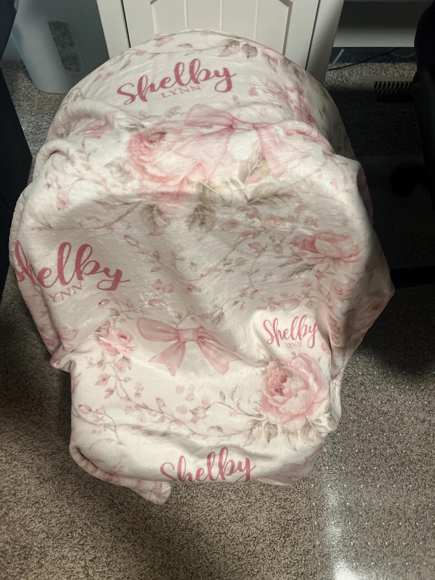 Pink Coquette Bow Floral Toile Baby Blanket Personalized Newborn Name Wrap Baby Girl Rose Wildflower Nursery Heirloom Baby Shower Gift