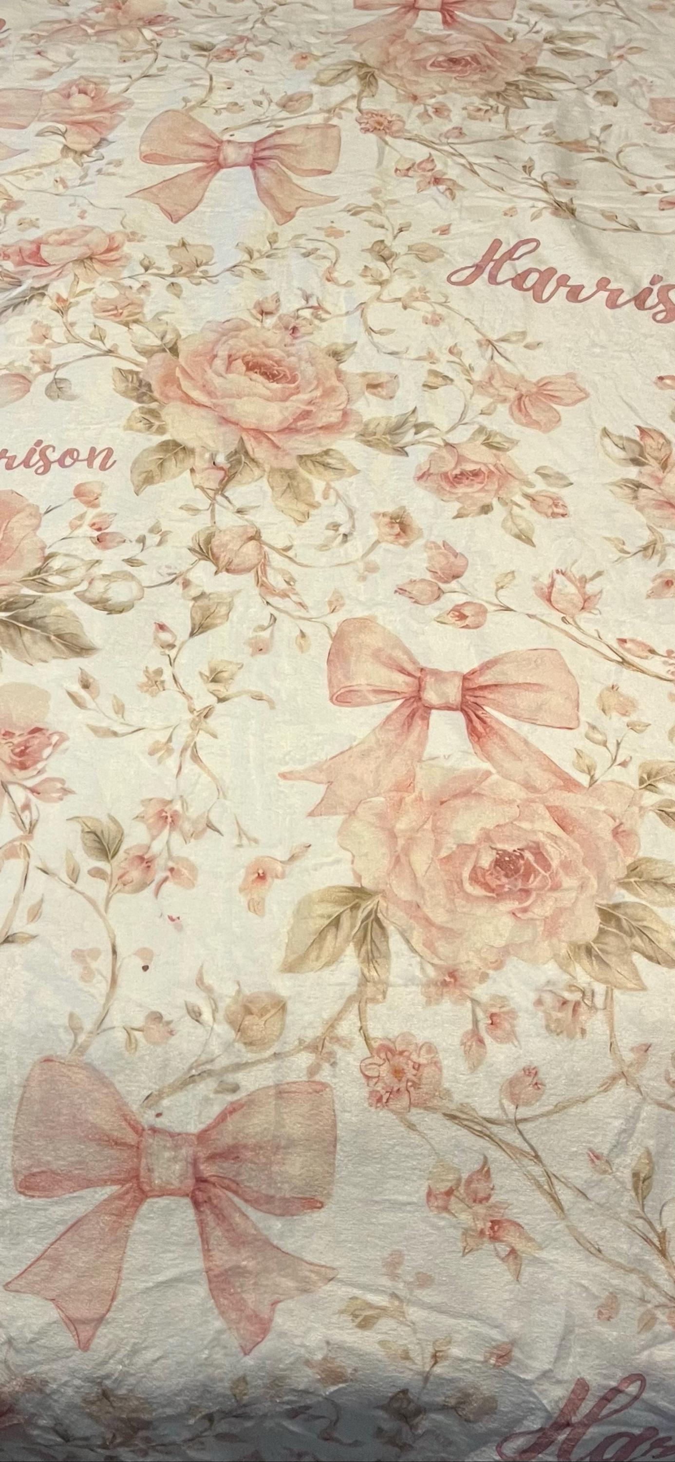 Pink Coquette Bow Floral Toile Baby Blanket Personalized Newborn Name Wrap Baby Girl Rose Wildflower Nursery Heirloom Baby Shower Gift