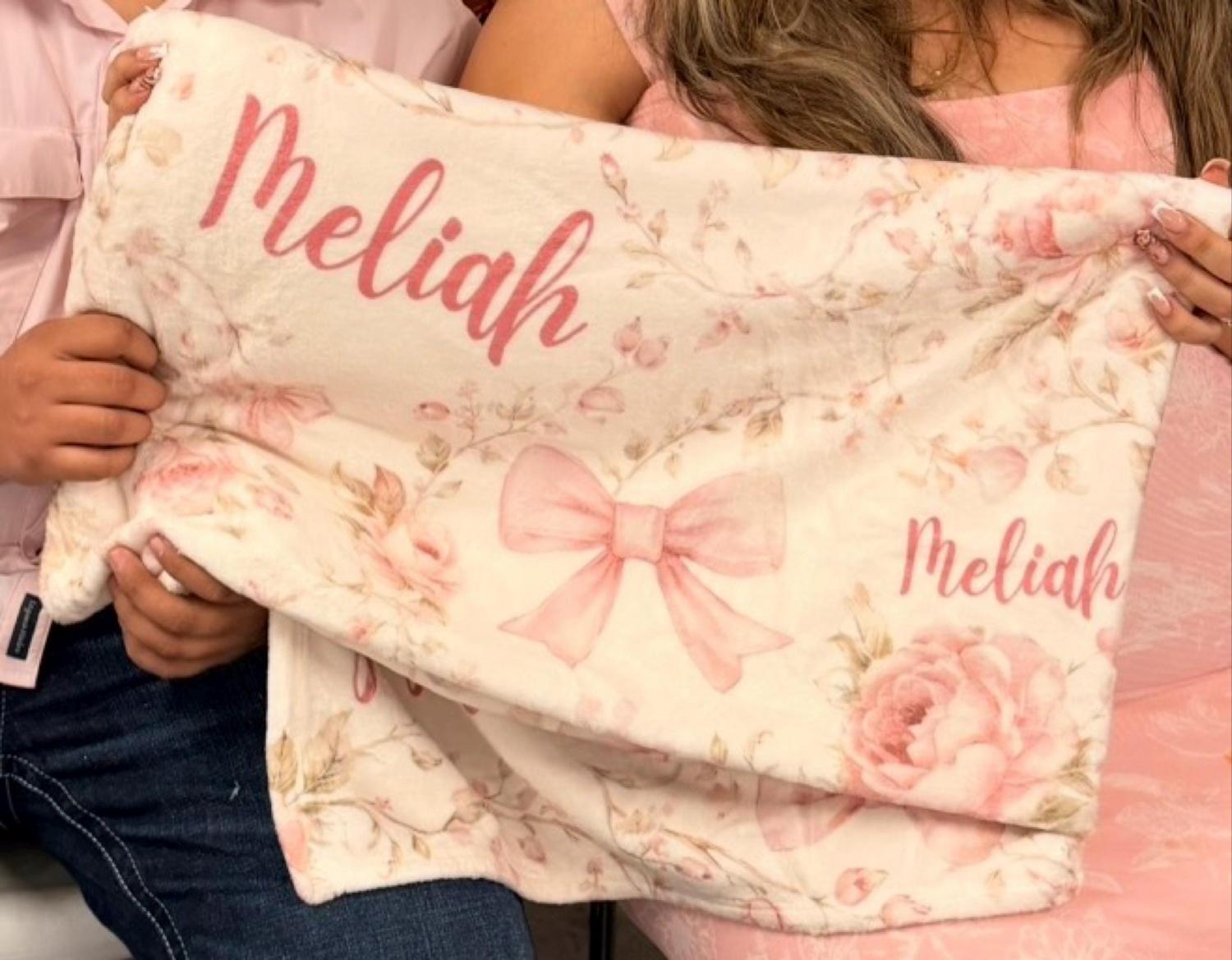 Pink Coquette Bow Floral Toile Baby Blanket Personalized Newborn Name Wrap Baby Girl Rose Wildflower Nursery Heirloom Baby Shower Gift