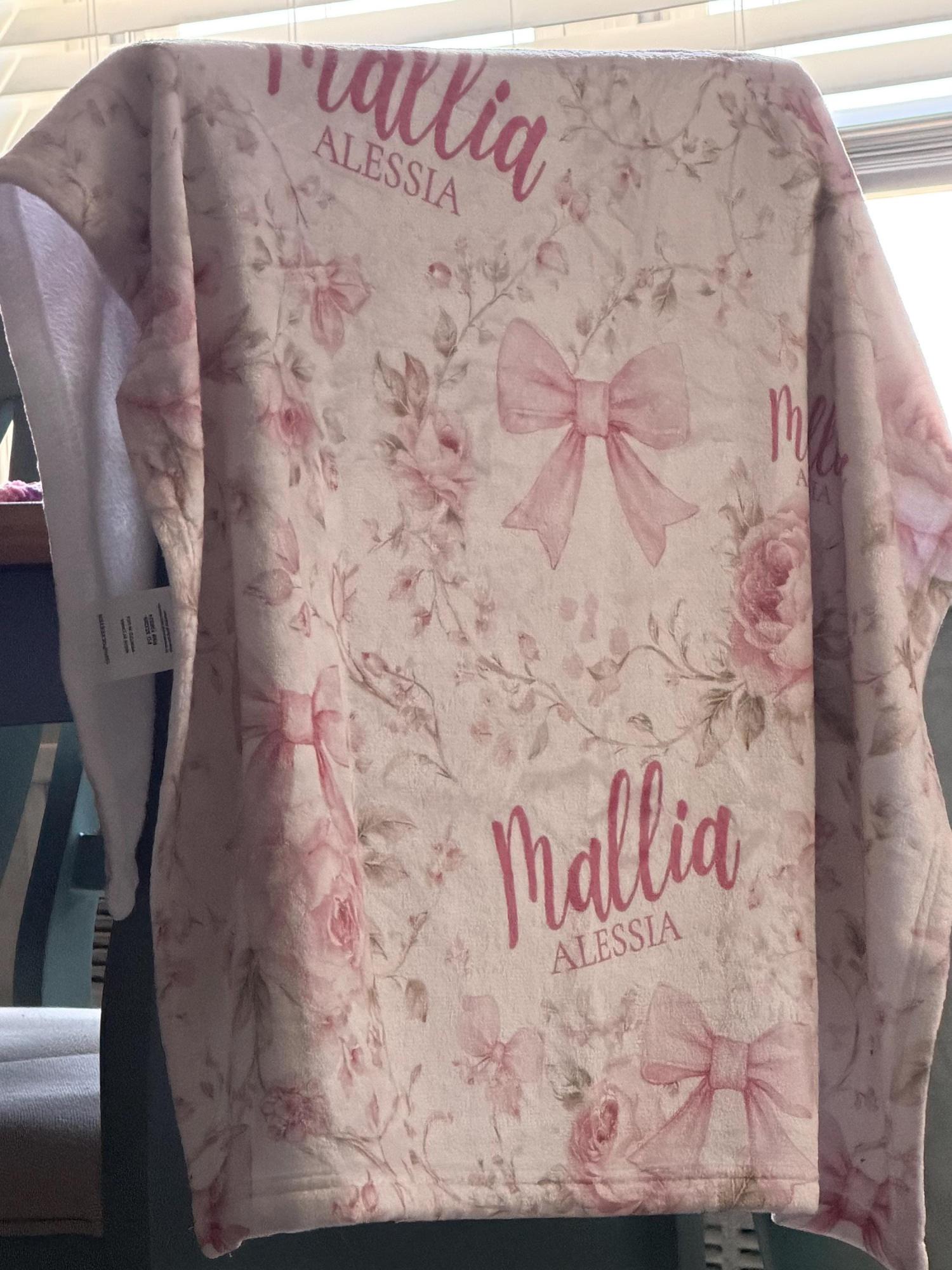 Pink Coquette Bow Floral Toile Baby Blanket Personalized Newborn Name Wrap Baby Girl Rose Wildflower Nursery Heirloom Baby Shower Gift