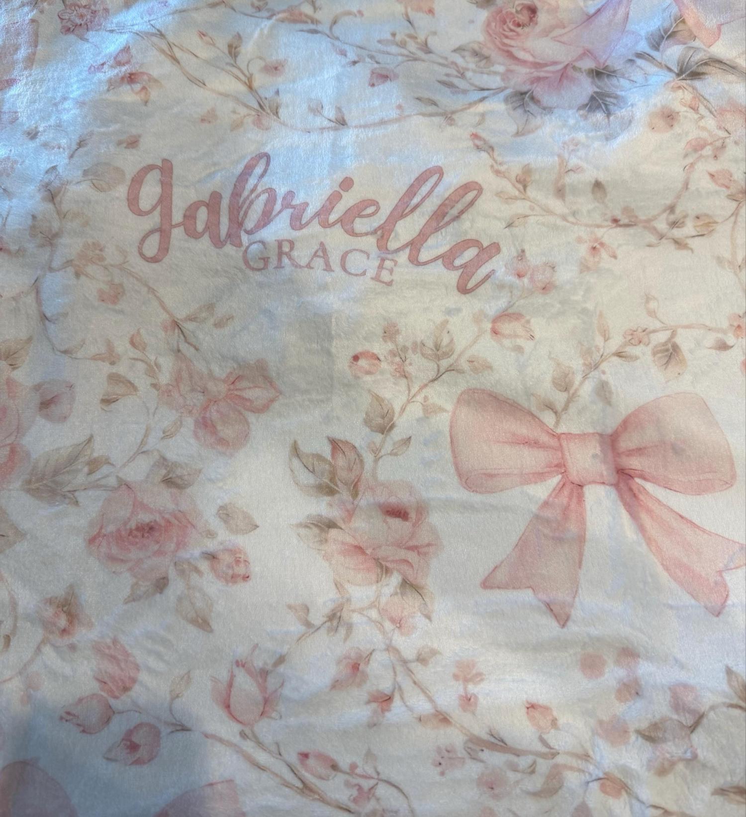 Pink Coquette Bow Floral Toile Baby Blanket Personalized Newborn Name Wrap Baby Girl Rose Wildflower Nursery Heirloom Baby Shower Gift