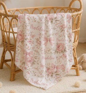Pink Coquette Bow Floral Toile Baby Blanket Personalized Newborn Name Wrap Baby Girl Rose Wildflower Nursery Heirloom Baby Shower Gift