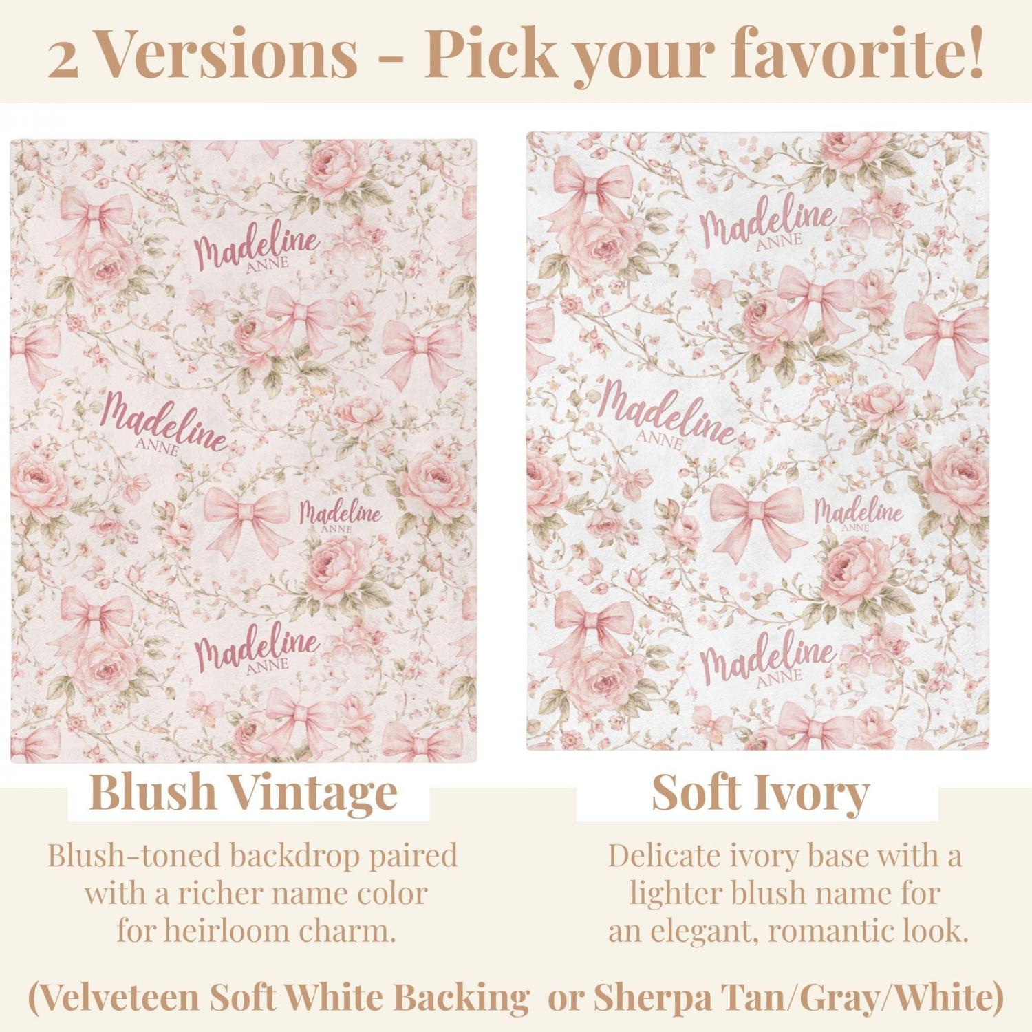 Pink Coquette Bow Floral Toile Baby Blanket Personalized Newborn Name Wrap Baby Girl Rose Wildflower Nursery Heirloom Baby Shower Gift