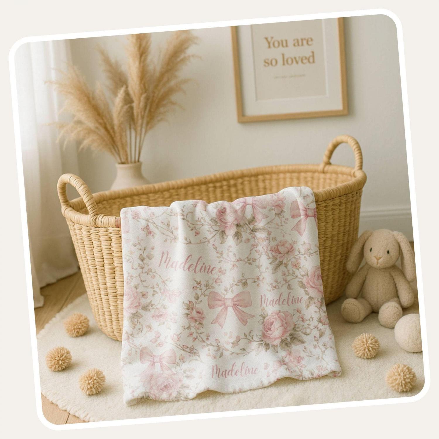 Pink Coquette Bow Floral Toile Baby Blanket Personalized Newborn Name Wrap Baby Girl Rose Wildflower Nursery Heirloom Baby Shower Gift