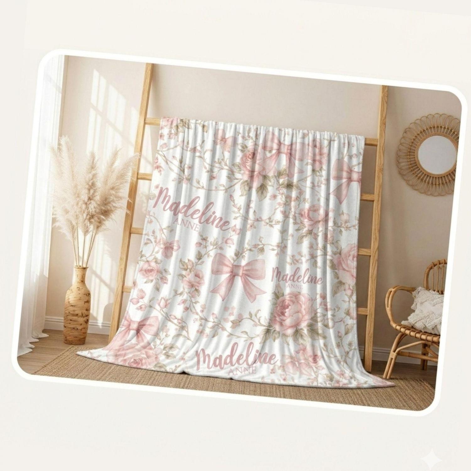 Pink Coquette Bow Floral Toile Baby Blanket Personalized Newborn Name Wrap Baby Girl Rose Wildflower Nursery Heirloom Baby Shower Gift