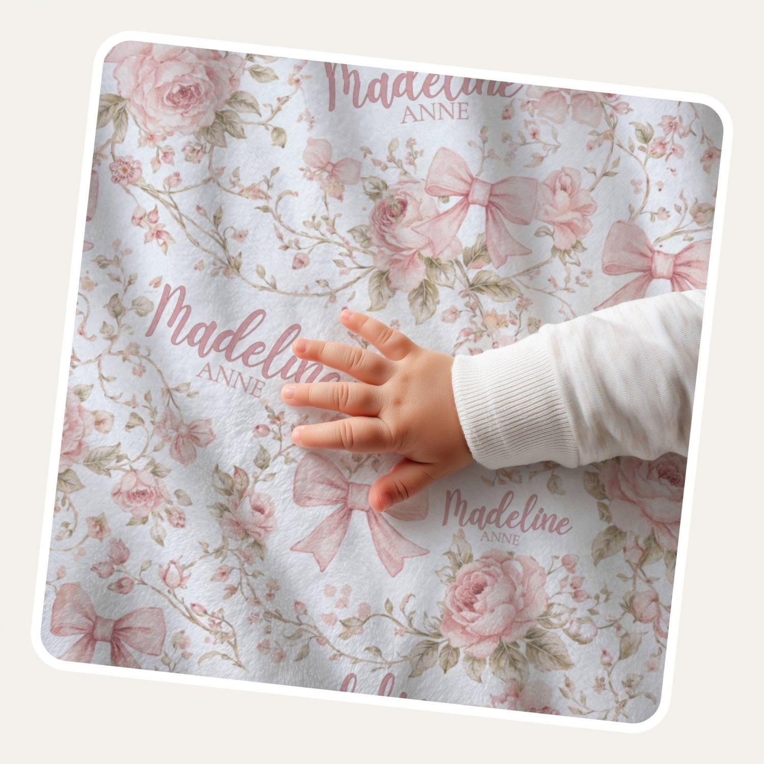 Pink Coquette Bow Floral Toile Baby Blanket Personalized Newborn Name Wrap Baby Girl Rose Wildflower Nursery Heirloom Baby Shower Gift