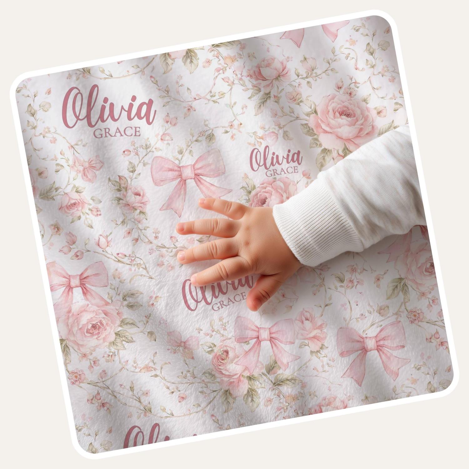 Pink Coquette Bow Floral Toile Baby Blanket Personalized Newborn Name Wrap Baby Girl Rose Wildflower Nursery Heirloom Baby Shower Gift