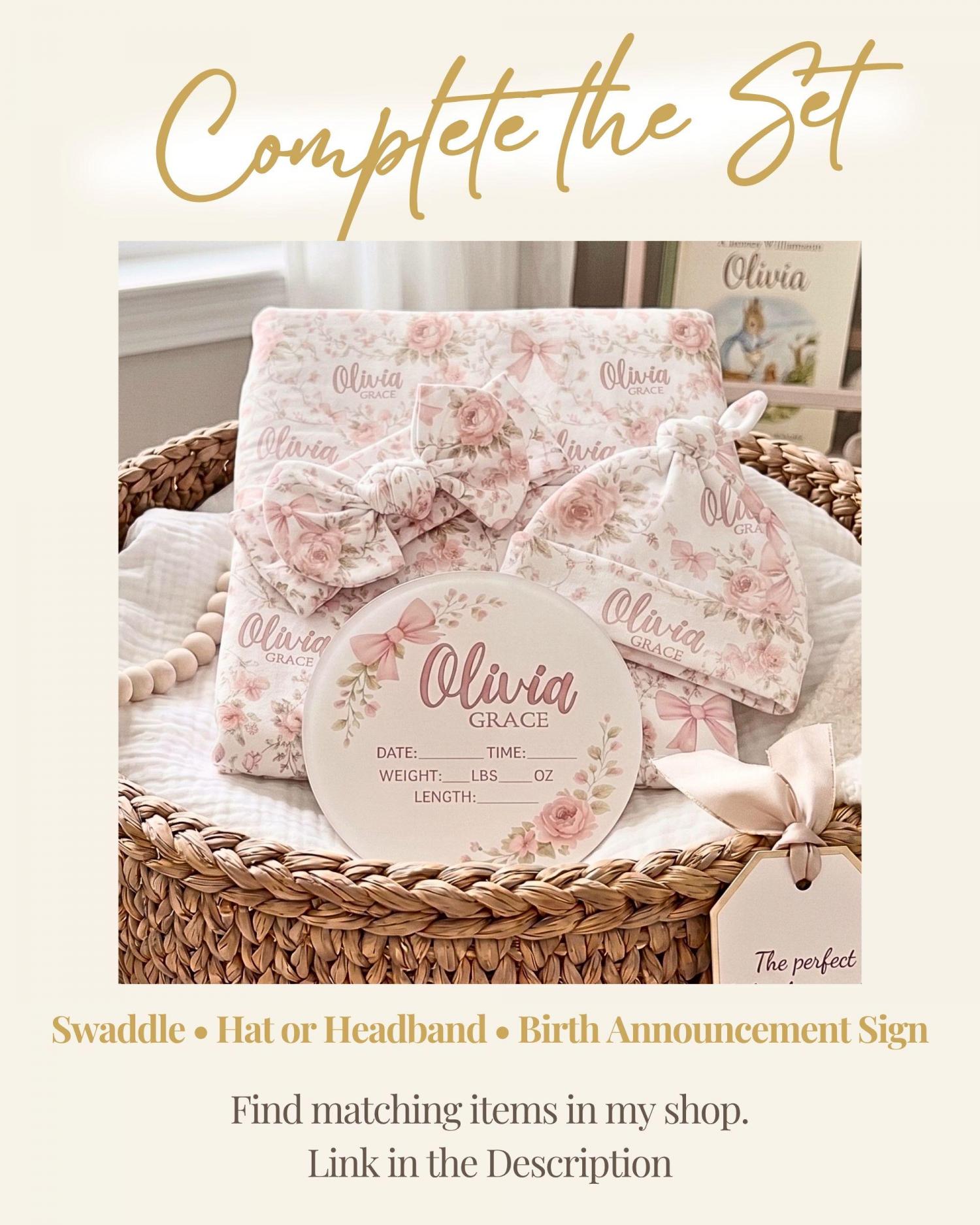 Pink Coquette Bow Floral Toile Baby Blanket Personalized Newborn Name Wrap Baby Girl Rose Wildflower Nursery Heirloom Baby Shower Gift