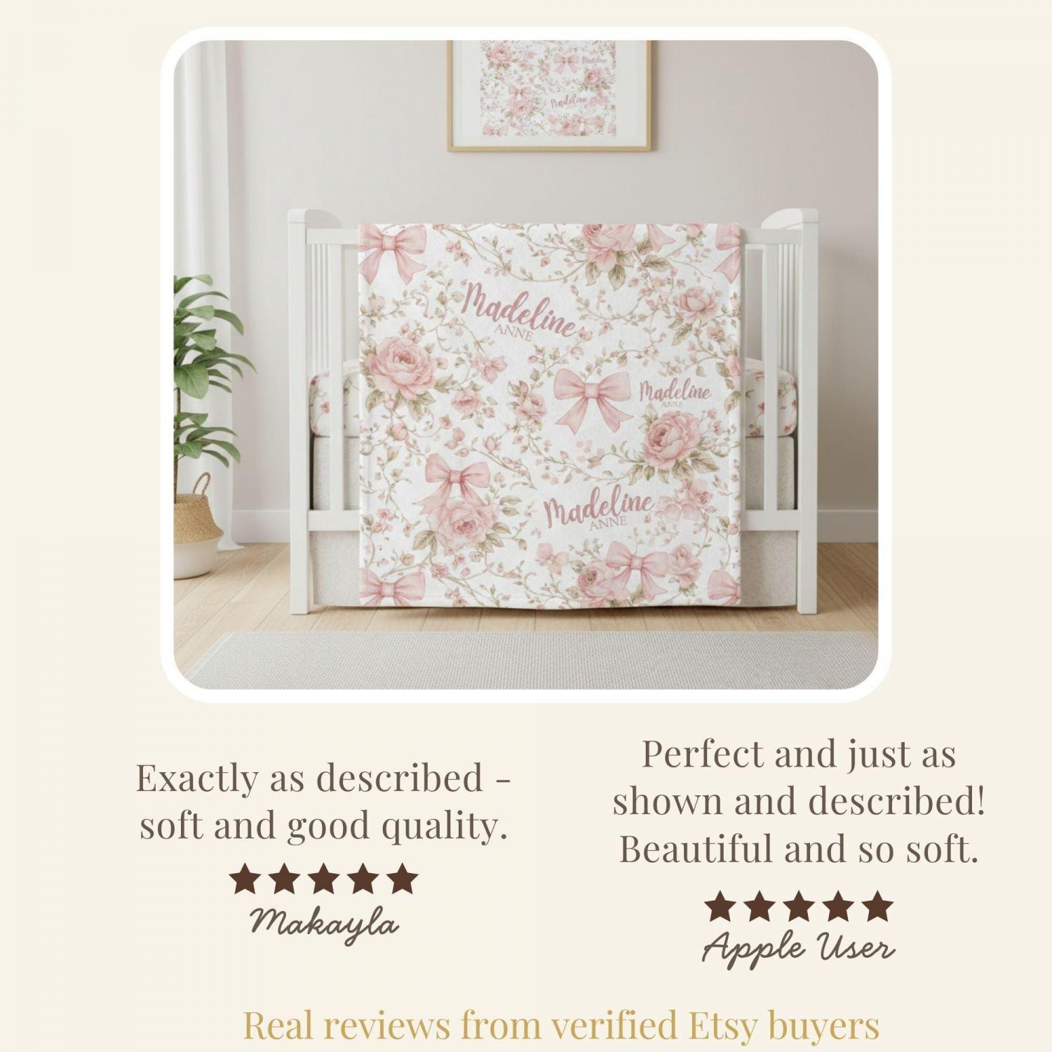 Pink Coquette Bow Floral Toile Baby Blanket Personalized Newborn Name Wrap Baby Girl Rose Wildflower Nursery Heirloom Baby Shower Gift