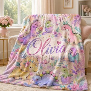 Personalized Dinosaur Blanket for Girls, Custom Baby Girl Name Blanket, Pastel Dino Nursery Bedding, Watercolor Toddler Flannel Gift