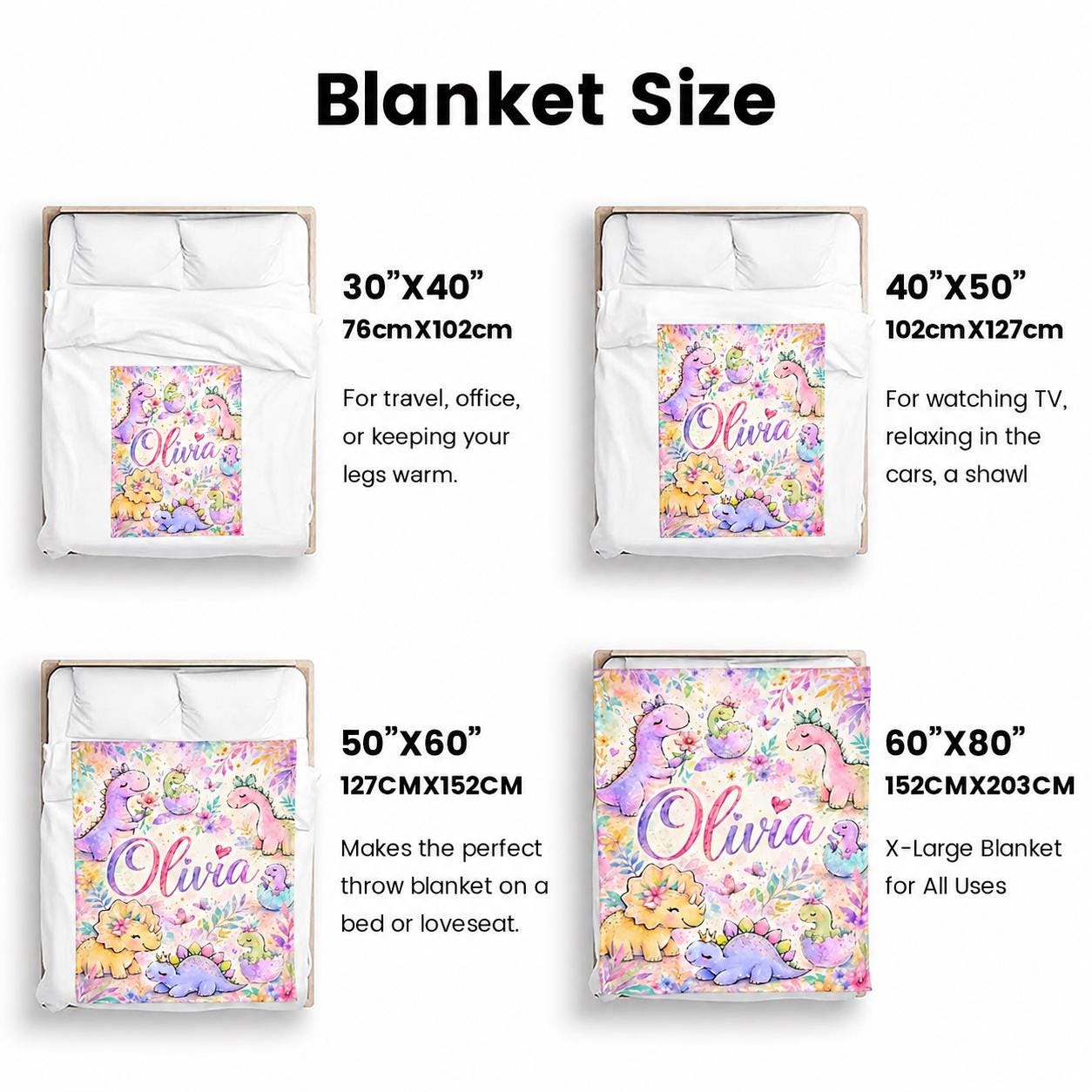 Personalized Dinosaur Blanket for Girls, Custom Baby Girl Name Blanket, Pastel Dino Nursery Bedding, Watercolor Toddler Flannel Gift