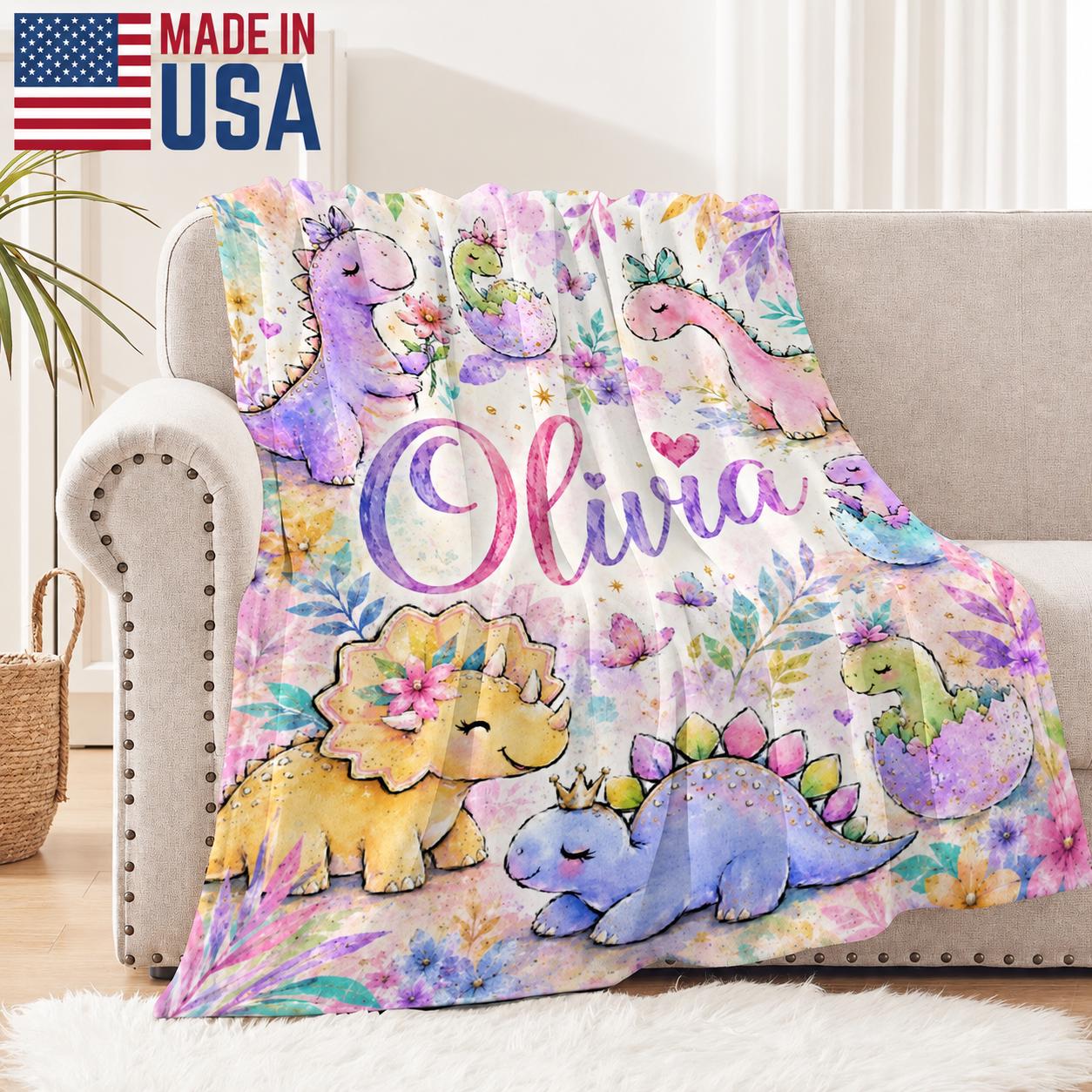 Personalized Dinosaur Blanket for Girls, Custom Baby Girl Name Blanket, Pastel Dino Nursery Bedding, Watercolor Toddler Flannel Gift