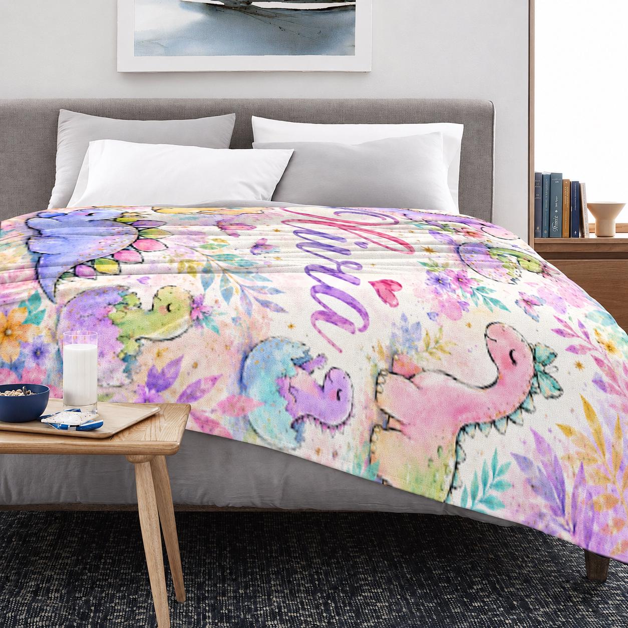 Personalized Dinosaur Blanket for Girls, Custom Baby Girl Name Blanket, Pastel Dino Nursery Bedding, Watercolor Toddler Flannel Gift