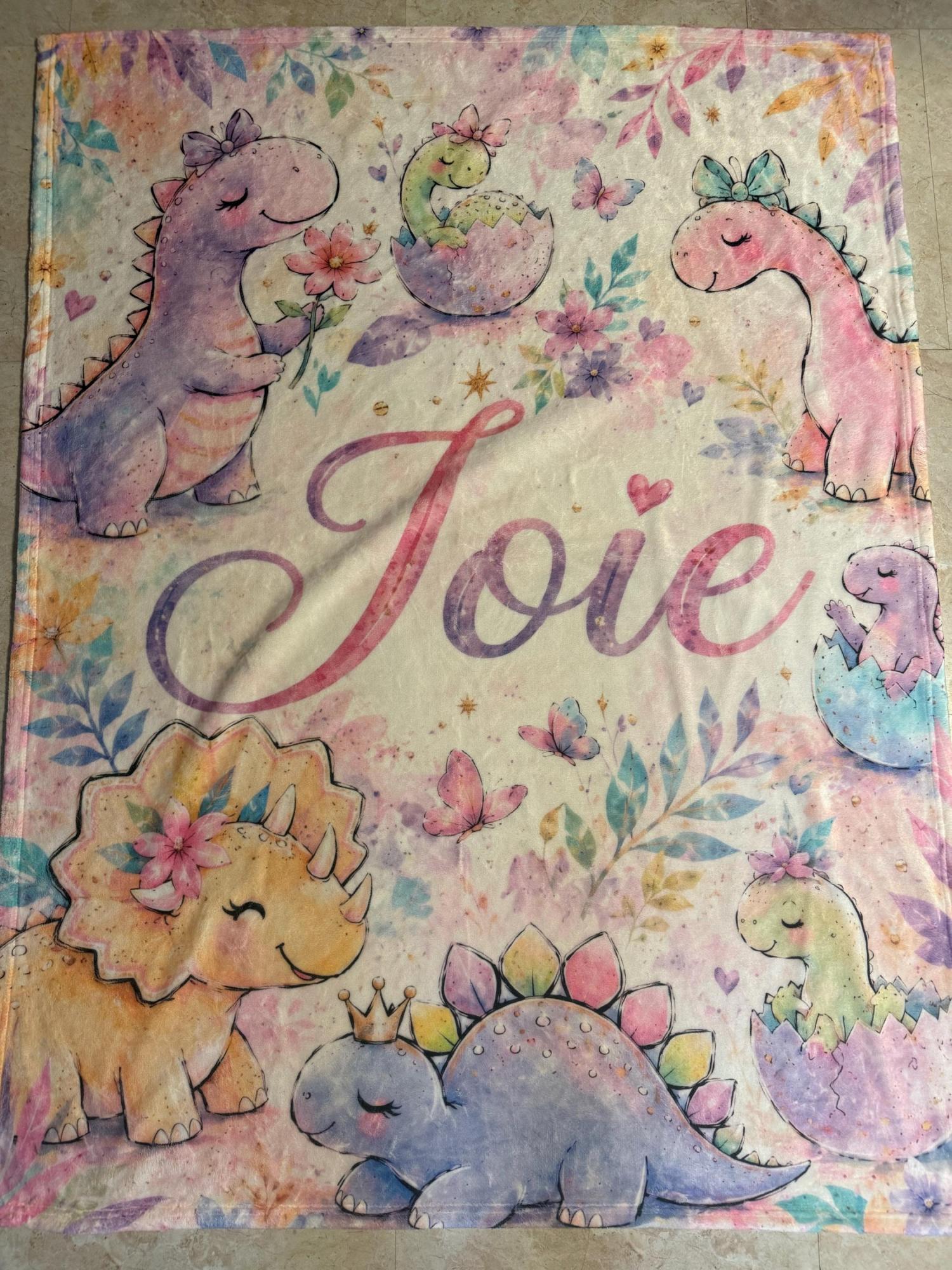Personalized Dinosaur Blanket for Girls, Custom Baby Girl Name Blanket, Pastel Dino Nursery Bedding, Watercolor Toddler Flannel Gift