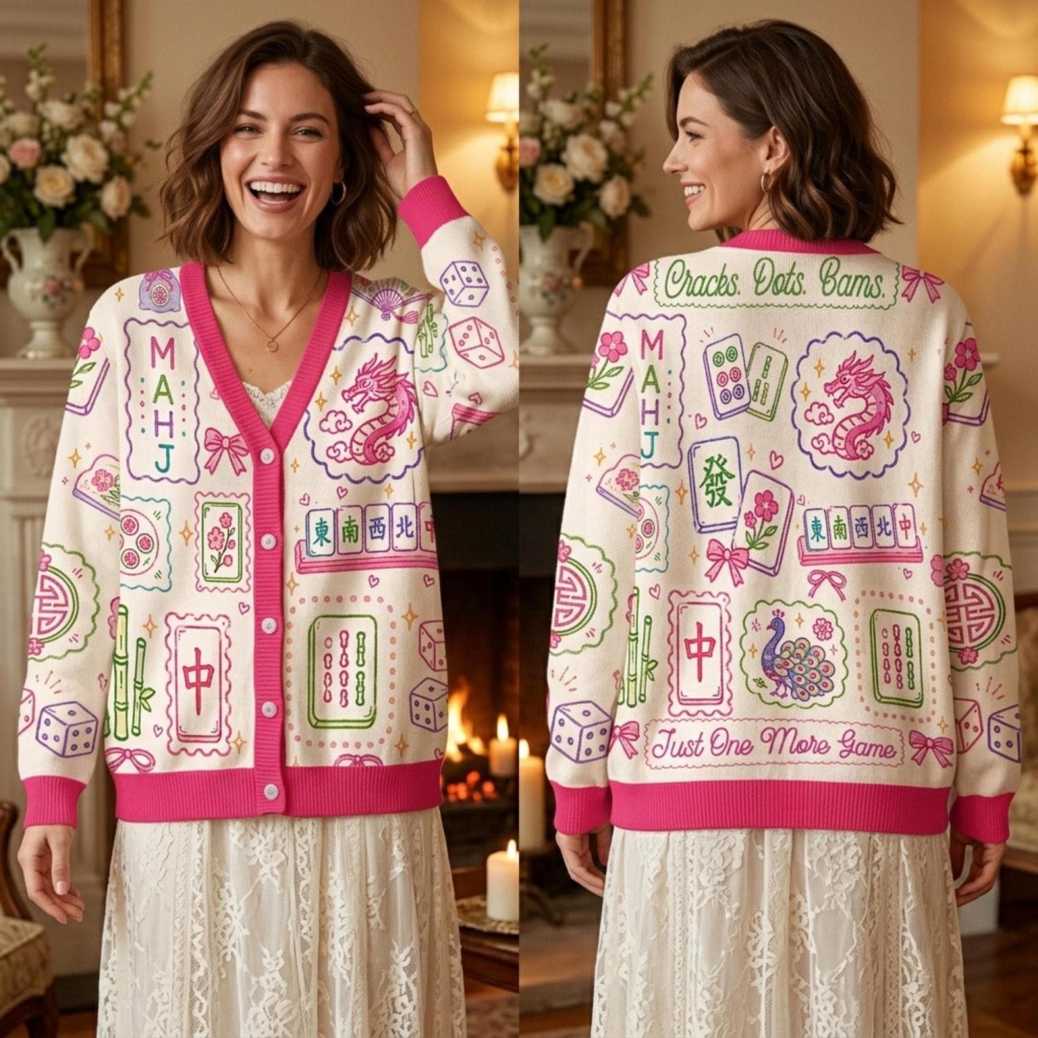 Retro Mahjong Cardigan Wool Sweater, Chinoiserie Tile Pattern Knitwear, Asian Art Game Night Outfit, Aesthetic Pink Mahjong Lover Gift