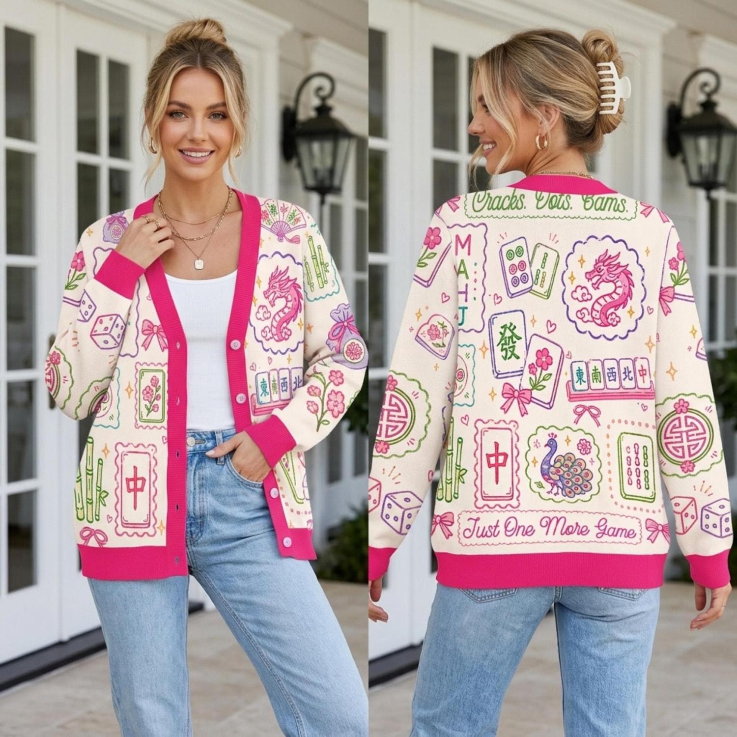 Retro Mahjong Cardigan Wool Sweater, Chinoiserie Tile Pattern Knitwear, Asian Art Game Night Outfit, Aesthetic Pink Mahjong Lover Gift