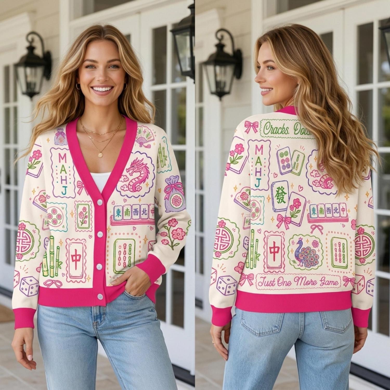 Retro Mahjong Cardigan Wool Sweater, Chinoiserie Tile Pattern Knitwear, Asian Art Game Night Outfit, Aesthetic Pink Mahjong Lover Gift