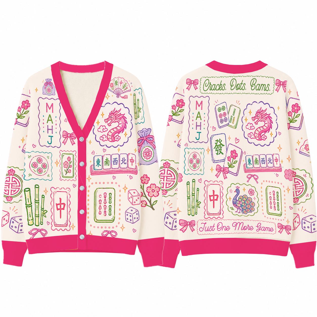 Retro Mahjong Cardigan Wool Sweater, Chinoiserie Tile Pattern Knitwear, Asian Art Game Night Outfit, Aesthetic Pink Mahjong Lover Gift