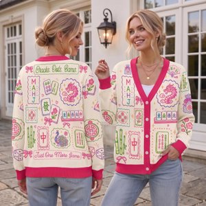 Retro Mahjong Cardigan Wool Sweater, Chinoiserie Tile Pattern Knitwear, Asian Art Game Night Outfit, Aesthetic Pink Mahjong Lover Gift