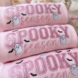 Spooky Season Embroidered Sweatshirt, Pink Glitter Halloween Crewneck, Ghost Bat Embroidered Shirt, Cute Fall Gift for Her