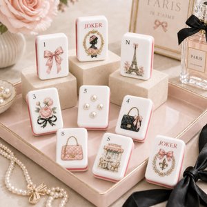 Parisian Chic Mahjong Set, Pink Bow Mahjong, Eiffel Tower/Luxury Bags, Aesthetic Tabletop Game, Home Decor, Gift for Paris Lovers/Mahjong Lovers