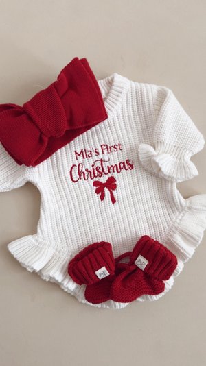 Custom My First Christmas Knit Baby Romper with Name, Embroidered Ruffle Bodysuit, Matching Set, Newborn Holiday Outfit, Christmas Gift for Baby/Girls