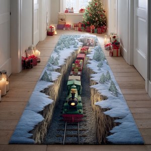 Christmas Rail Trail Runner Rug, Soft Fabric Festive Hallway Floor Mat, Non-Slip Medium Pile Long Carpet, Xmas/Holiday Gift for Family/Friends