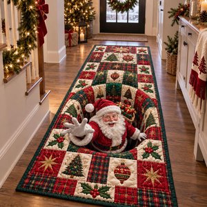 Santa Hallway Surprise Runner Carpet, 3D Hole Illusion Hallway Rug, Xmas Tree & Star Pattern, Quilted Plaid Patchwork Border, Holiday Gift for Friends