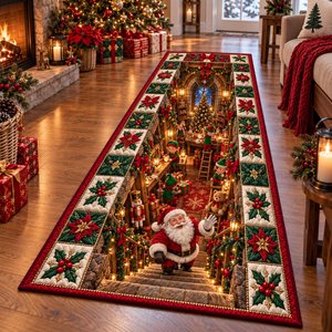 Santa Village Journey Runner Carpet, 3D Visual Illusion Entryway Rug, Festive Home Ornament, Housewarming Gift for Loved Ones