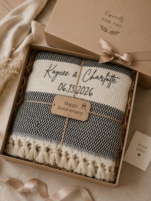 Cotton  Anniversary Gift, Personalized Woven Throw Blanket, Custom Cotton Blanket for Couples, Wedding Anniversary Present