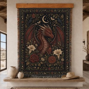 Medieval Dragon Woven Blanket, Gothic Fantasy Wall Hanging Throw, Celestial Moon Floral Tapestry, Birthday/Housewarming Gift for Fantasy Lovers