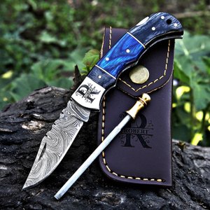 Personalized Handmade Damascus Pocket Knife with Name and Wood Handle, Anniversary/Wedding/Birthday Gift for Him/Groomsmen