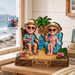 Custom Photo 3-Layered Wood Retirement Couple Tabletop Stand, Tropical Beach Chair Scene, Photo Caricature Decor, Birthday Gift for Retired Friends
