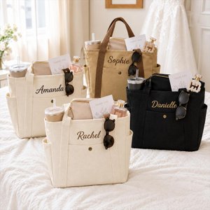Personalized Employee Tote Bag with Name, Embroidered Canvas Staff Tote, Multi Pockets Shoulder Handbag, Daily Carry Bag, Gift for Coworkers