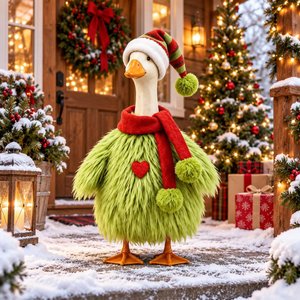23" Porch Goose Christmas Costume, Fluffy Green Monster Outfit with Santa Hat & Scarf, Holiday Goose Statue Clothing, Christmas Gift for Family/Friend